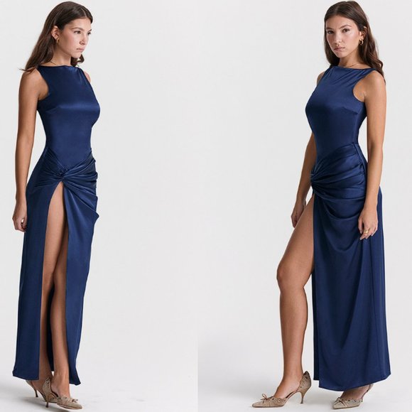 HOUSE OF CB 'Roxanne' Navy Thigh Slit Maxi Dress NWOT - Picture 4 of 10